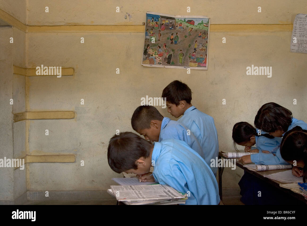 students in Earthquake-retrofitted classroom in Nepal. Stock Photo