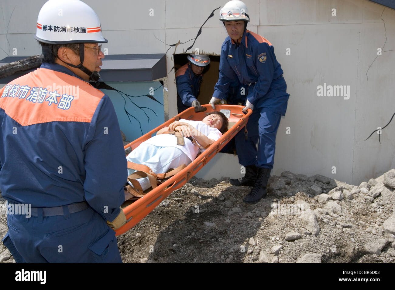 Community search and rescue team with stretcher in Yaizu Japan. Stock Photo