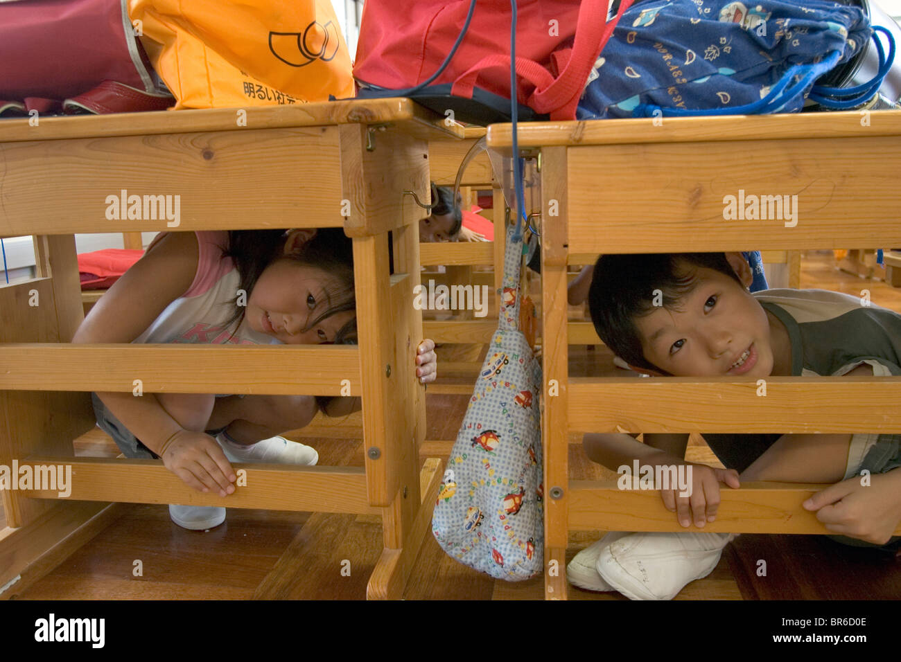 school earthquake drill. Stock Photo