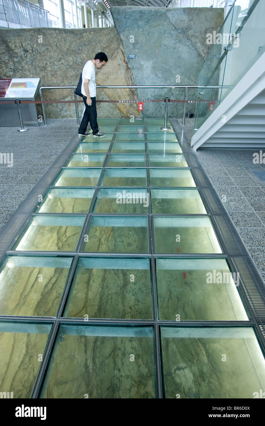 Japanese earthquake museum dislays the Nojuma Fault below a glass floor. Stock Photo