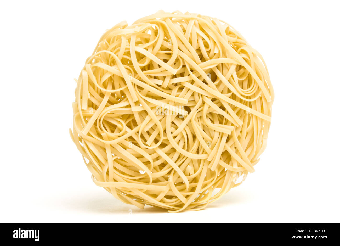 Nests of dried noodles from low perspective isolated on white. Stock Photo