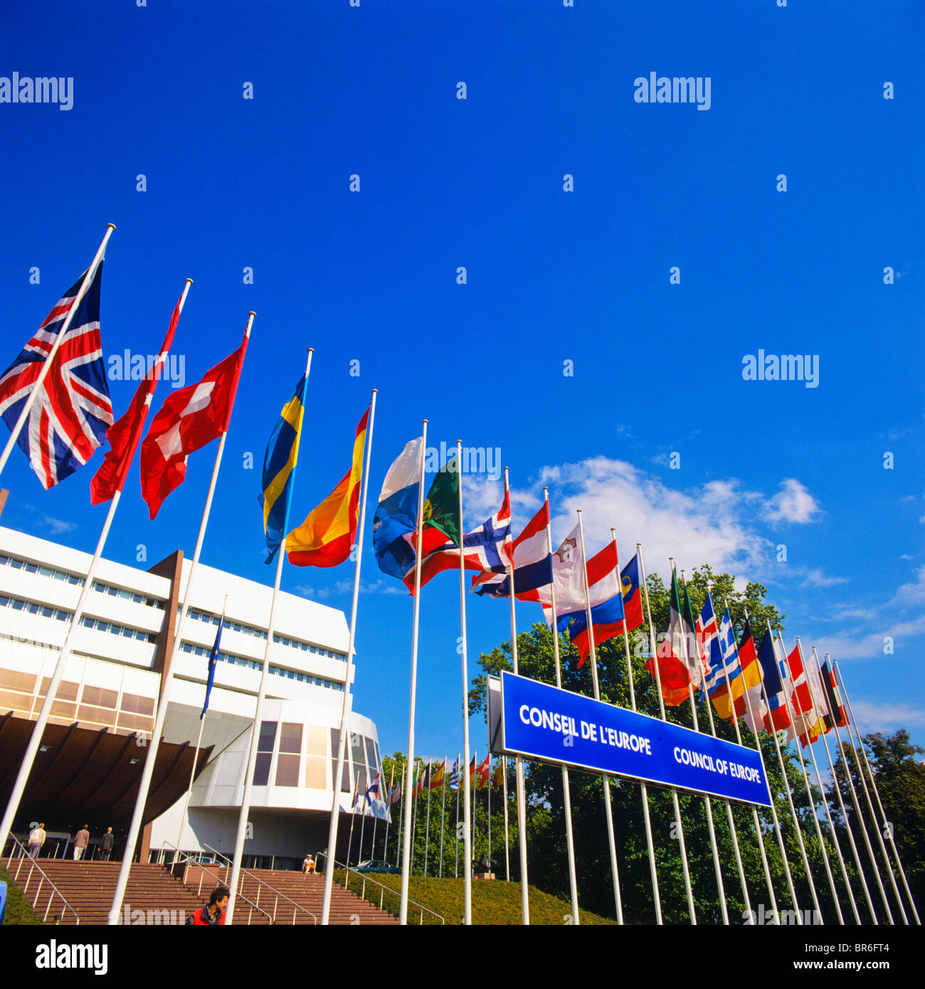 Flags of European countries in front of the Council of Europe building, Palais de l'Europe, Strasbourg, Alsace, France, Europe Stock Photo
