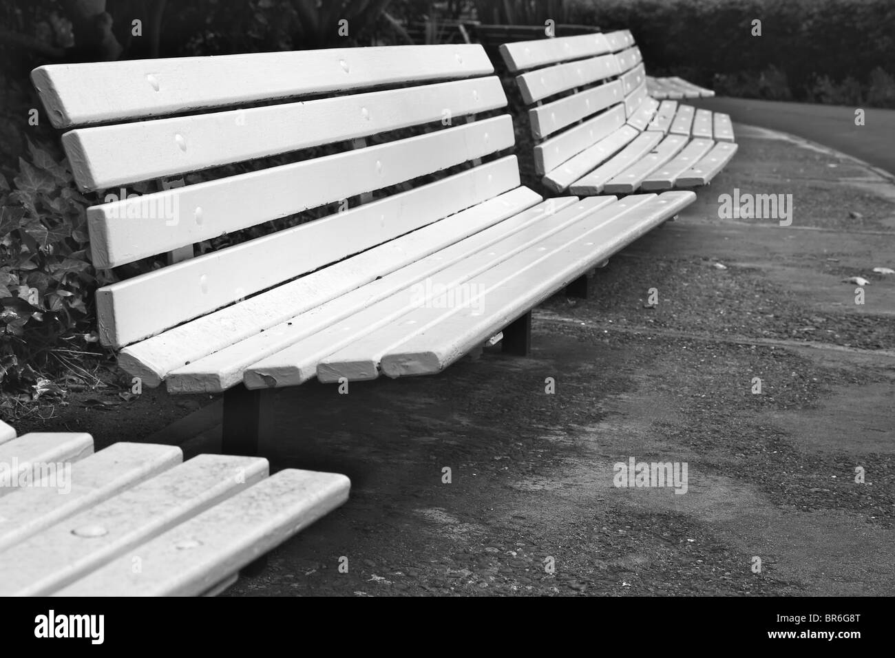 Long curved row of white park benches in B&W Stock Photo