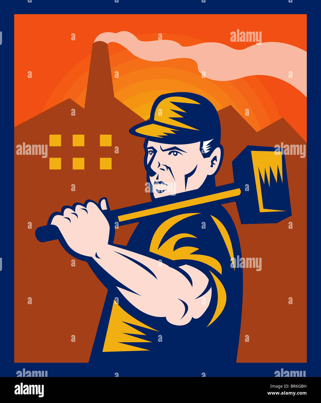 factory worker with sledgehammer with buildings in the background done in retro style illustration Stock Photo