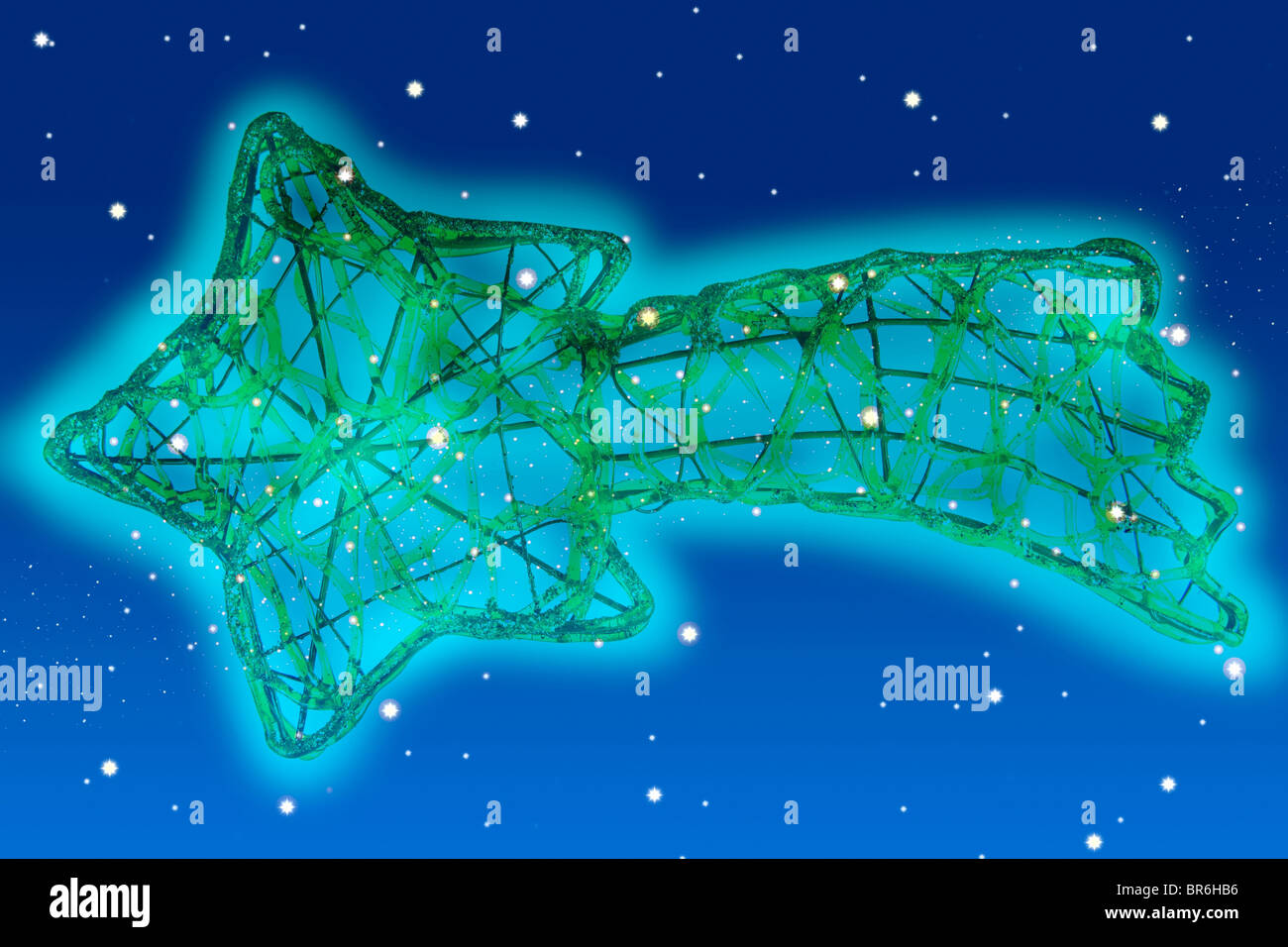 Christmas star over blue stars sky photo over illustration Stock Photo