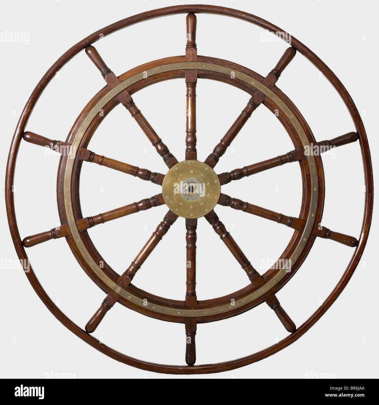 A large ship's wheel, from a tall ship, mid 19th century. Oak wood with iron fittings. Ship's wheel with ten spokes, the spoke-handles surrounded by a wooden ring. Diameter 190 cm. historic, historical, 19th century, fine arts, art, art object, art objects, artful, precious, collectible, collector's item, collectibles, collector's items, rarity, rarities, Stock Photo