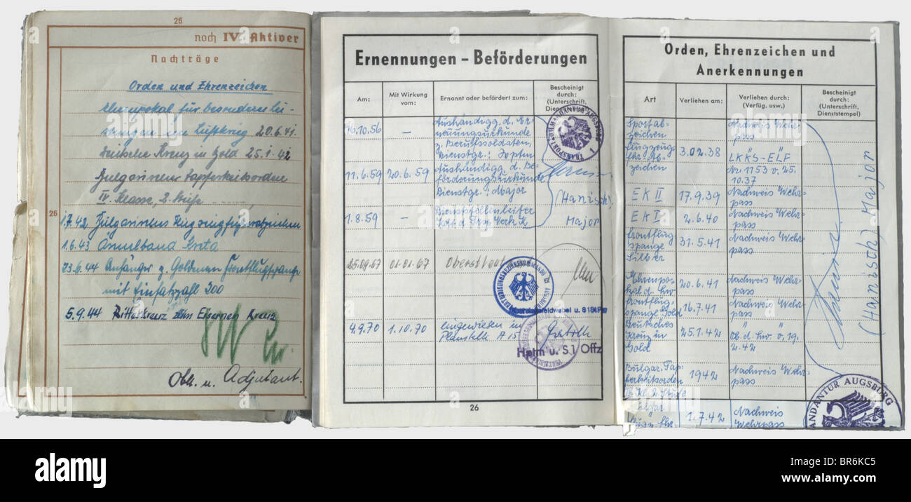 Knight's Cross winner Hauptmann Alois Magg - a service record (Wehrpass)., Issued on 7 October 1937 in Schleißheim. Training at Kaufbeuren, Schleißheim, Celle, Faßberg and Magdeburg, afterwards Bomber Wing 157 'Boelke', officer cadet training at LKS Dresden, Bomber Wing 252, Bomber Wing 2, from 9 Dec. 1944 V./Night Fighter Wing 2. Promotion from NCO to captain. Entries (among others): pilots badge, German Cross in Gold, Goblet of Honour, cuff title 'Kreta', Bulgarian pilot badge and bravery decoration, hanger '200' to the Squadron Clasp for Fighter Pilots, Knig, Stock Photo