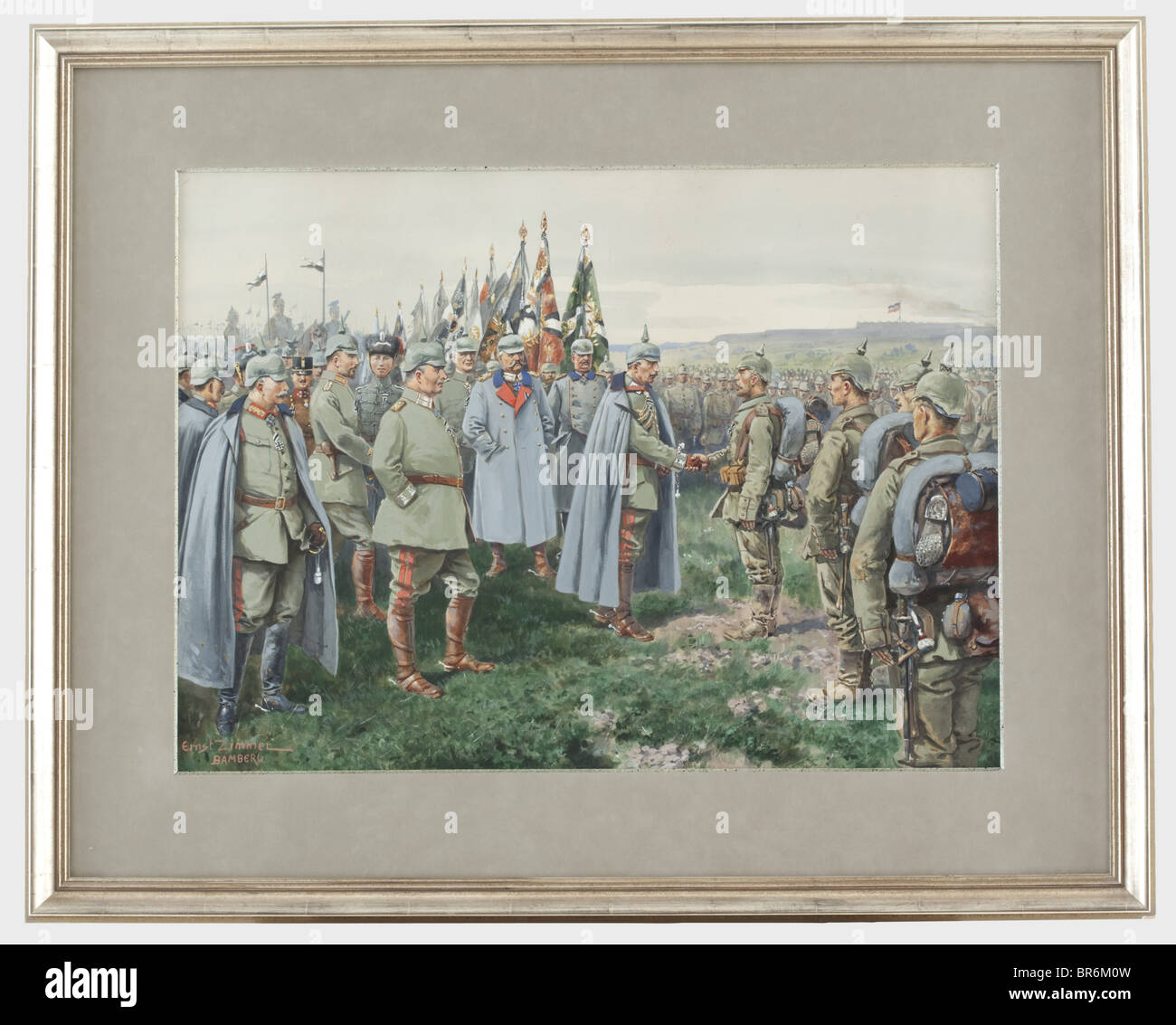 Ernst Zimmer (1864 - 1924) - 'The Emporer presents the Iron Cross to the Heroes of Nowo-Georgiewsk', gouache on paper. Scene at the Eastern Front on 20 August 1915. Wilhelm II awards the orders to brave soldiers, behind him General Field Marshal von Hindenburg, Ludendorff, General von Beseler, Prince Joachim, Prince Oskar and General von Falkenhayn. Signed on the lower left 'Ernst Zimmer Bamberg'. Dimensions 52 x 70 cm, in passepartout, modern gilt profiled frame. Ernst Zimmer was first trained as a porcelain painter before he attended the Danzig school of arts, Stock Photo