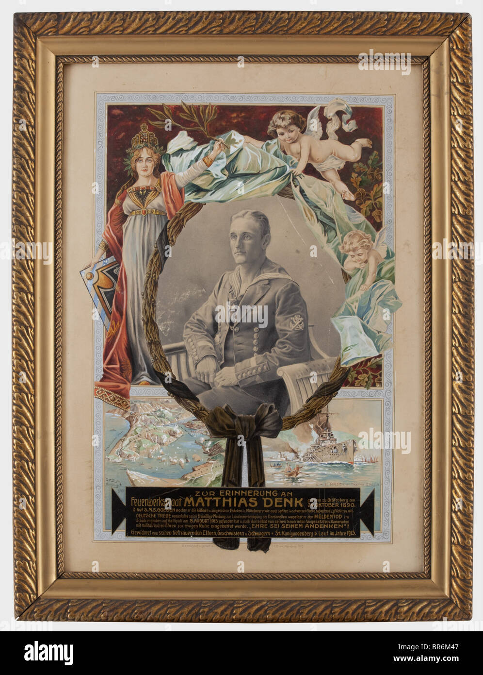 A commemorative picture of the artificer mate of the S.M.S. Goeben, killed in action on 8 August 1915 in a trench on Gallipoli after his voluntary enlistment to the land defence of the Dardanelles. In the centre a photograph of Denk in uniform, framed in watercolour paint with depictions of Germania and putti. In the lower section the Dardanelles and the 'SMS Goeben vor Messina 6. August 1915' (SMS Goeben at Messina 6 August 1915) as well as commemorative inscription. Signed 'C.F. Blum 1915', the passepartout inscribed 'Gezeichnet u. gemalt von C.F. Blum Nürnbe, Stock Photo