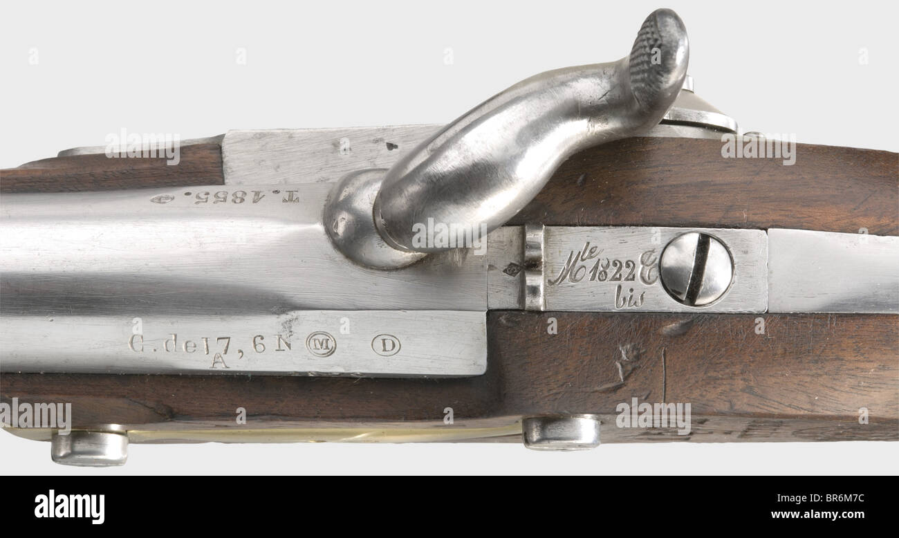 A model 1822 T bis neuf cavalry pistol, no. 1572. Barrel, stock, and ramrod  are stamped with matching numbers. Rifled barrel in calibre 17.6 mm with a  bright bore and sharp landgroove