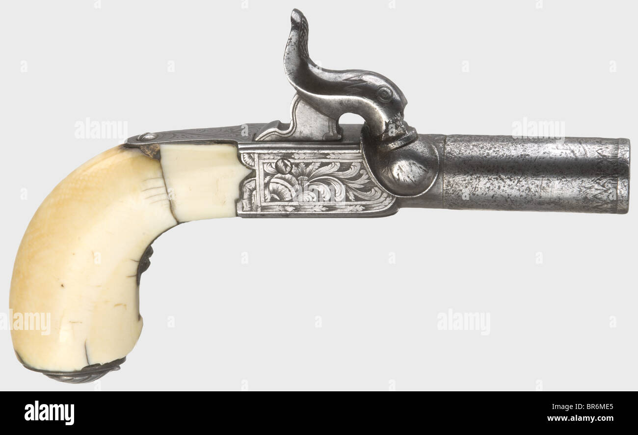 Victoria Luise, Duchess of Brunswick-Lüneburg (1892 - 1980) - a percussion pocket pistol., Barrel in calibre 7,5 mm, the box lock engraved with fine foliage. Ivory grip with nipple compartment. Metal surfaces somewhat stained and slightly pitted in places, the lock mechanism defective. Length 10 cm. The pistol case in form of a book with the title 'Oeuvre de Leconte Delisle, Poems Barbares', half-leather binding, top gilt edge, the interior lined with marbled paper, compartment with bullets and percussion caps. Size of the case 16 x 10 x 3 cm. With a confirmati, Stock Photo