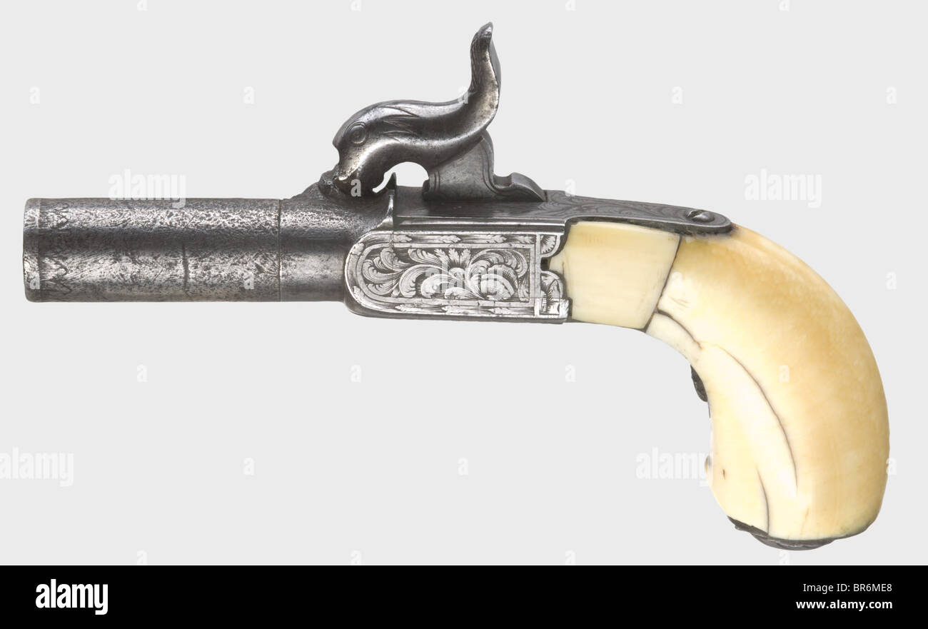 Victoria Luise, Duchess of Brunswick-Lüneburg (1892 - 1980) - a percussion pocket pistol., Barrel in calibre 7,5 mm, the box lock engraved with fine foliage. Ivory grip with nipple compartment. Metal surfaces somewhat stained and slightly pitted in places, the lock mechanism defective. Length 10 cm. The pistol case in form of a book with the title 'Oeuvre de Leconte Delisle, Poems Barbares', half-leather binding, top gilt edge, the interior lined with marbled paper, compartment with bullets and percussion caps. Size of the case 16 x 10 x 3 cm. With a confirmati, Stock Photo