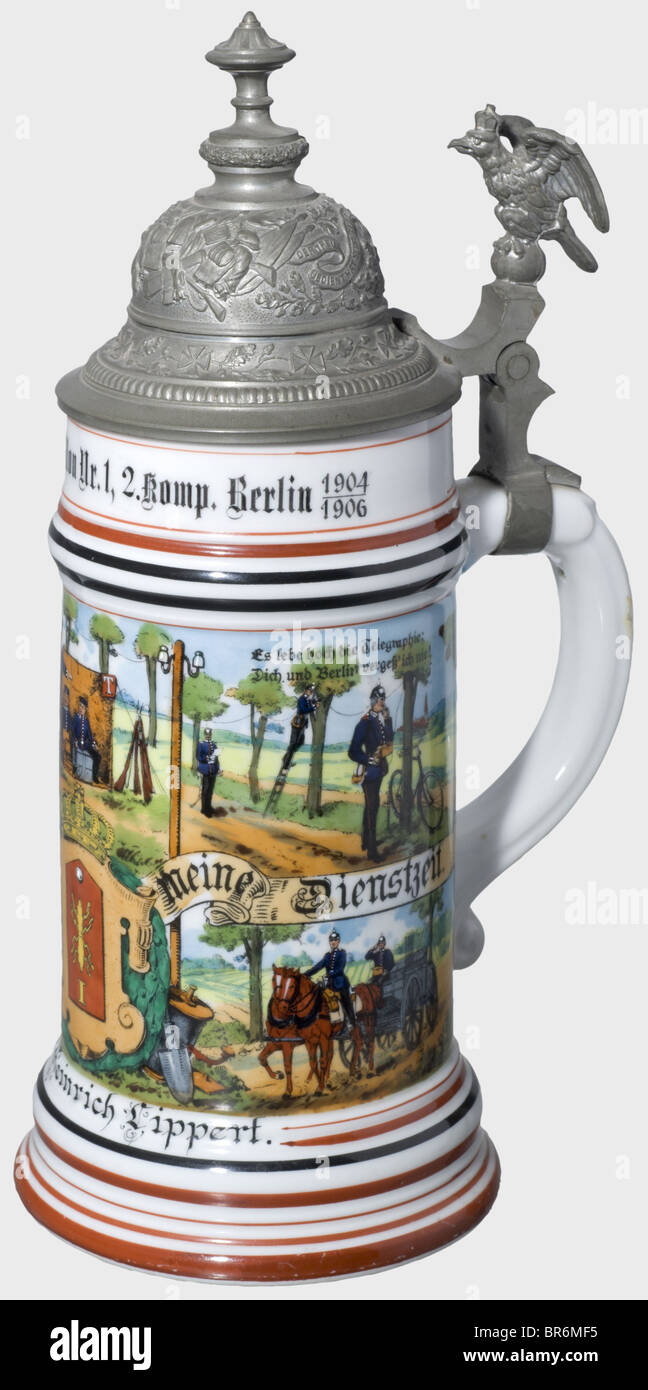 Prussia - Telegraph Battalion No. 1., A porcelain stein for Pioneer Lippert, Berlin 1904/06. Front displays a shoulder board with a lightning bundle, scenes of field line construction, telegraph and semaphore operation. The back displays a list of the names of the 2nd Company. Lithophane picture of a separation scene. Tin lid displays trophies in relief. Height 27 cm. Very rare stein in outstanding condition. historic, historical, people, 1900s, 20th century, pot, pots, pitcher, pitchers, smoking pipe, pipes, object, objects, stills, militaria, vessel, vessels,, Stock Photo