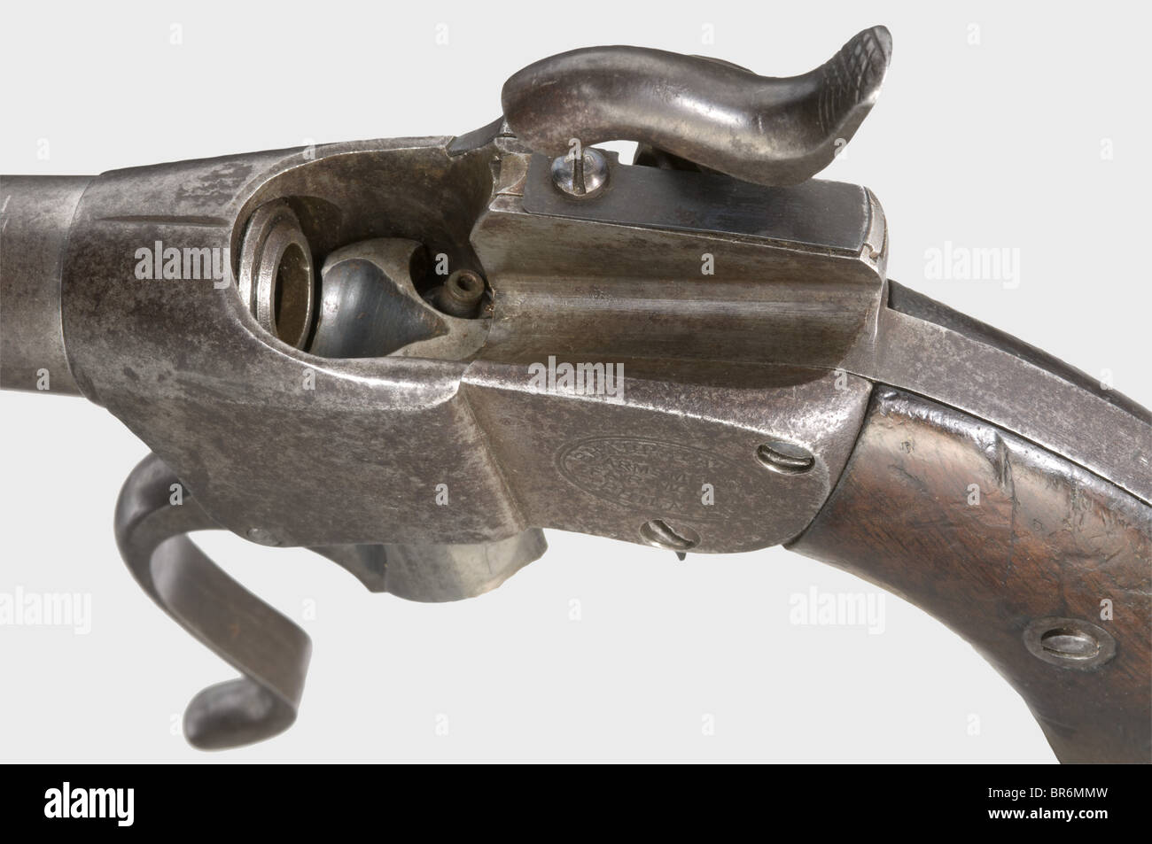 A Sharps pistol, 1st model, .34 cal., no. 104. 5'-barrel with minimally rough bore. Block action with tape primer system. On left frame side marked 'Sharps Patent Arms MFed Fairmount Phila. Pa.'. Walnut grip panels. Metal surfaces in a patina, trigger guard and lock block with remnants of bluing. Grip panels with light usage marks. Length 22.5 cm. Merely 850 Sharps pistols were produced between 1854 and 1857 of both models. historic, historical, 19th century, civil handgun, civil handguns, handheld, gun, guns, firearm, fire arm, firearms, fire arms, weapons, ar, Stock Photo