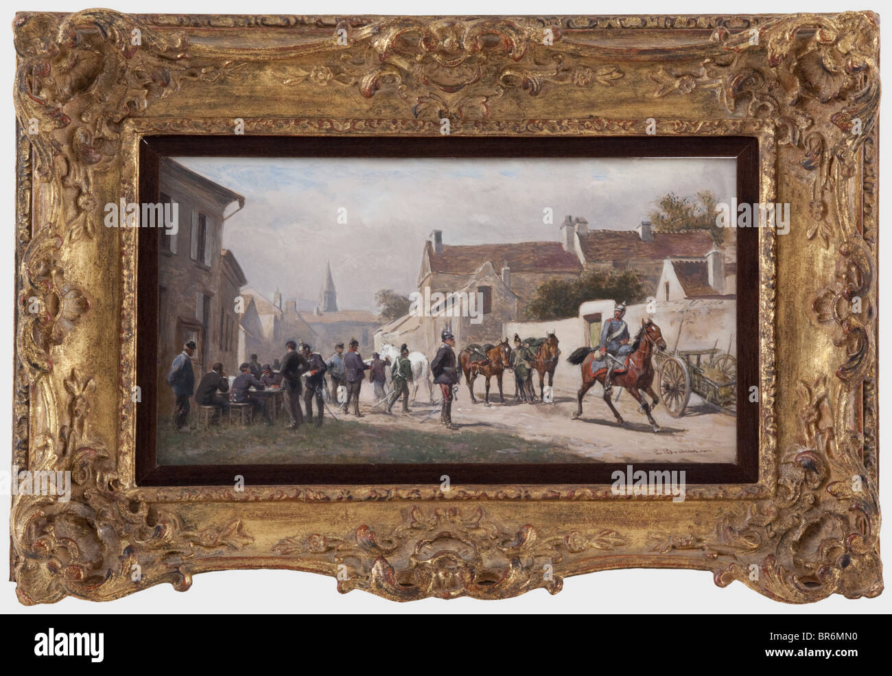 Louis Braun (1836 - 1916) - 'In front of the town hall of a village in the Ardennes', oil on wood. Street scene from the Franco-German War 1870/71, officers sitting at a table, a passing dragoon on horseback and two Bavarian chevaulegers with their horses. Signed on the lower right 'L. Braun', on the back title of the painting handwritten by the artist(?), size 26 x 14 cm, vintage plaster frame. The scene gives the impression of a snapshot and therefore suggests that the picture was painted on site by Louis Braun. He was one of the best known and most renowned , Stock Photo