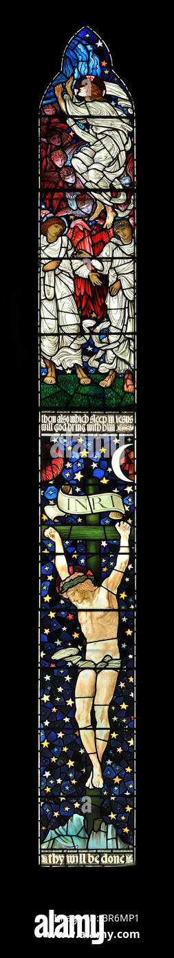 The centre panel of the east window, St James Church, Staveley, Cumbria. Designed and manufactured by William Morris. Stock Photo