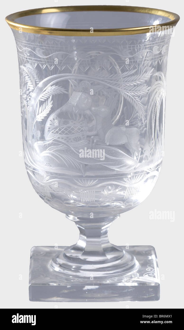 Hermann Göring - a goblet, from a hunter's table service. Description of design and decor as for the previous lot. Height 13 cm. Provenance: Voluntary auction of the former possessions of Hermann Göring, Neumeister, formerly Weinmüller, 157th auction, 25 October 1974, lots 3051 - 3058. Presumably a gift for Göring's 50th birthday on 12 January 1943. historic, historical, 1930s, 20th century, NS, National Socialism, Nazism, Third Reich, German Reich, Germany, German, National Socialist, Nazi, Nazi period, fascism, vessel, vessels, object, objects, stills, clippi, Stock Photo