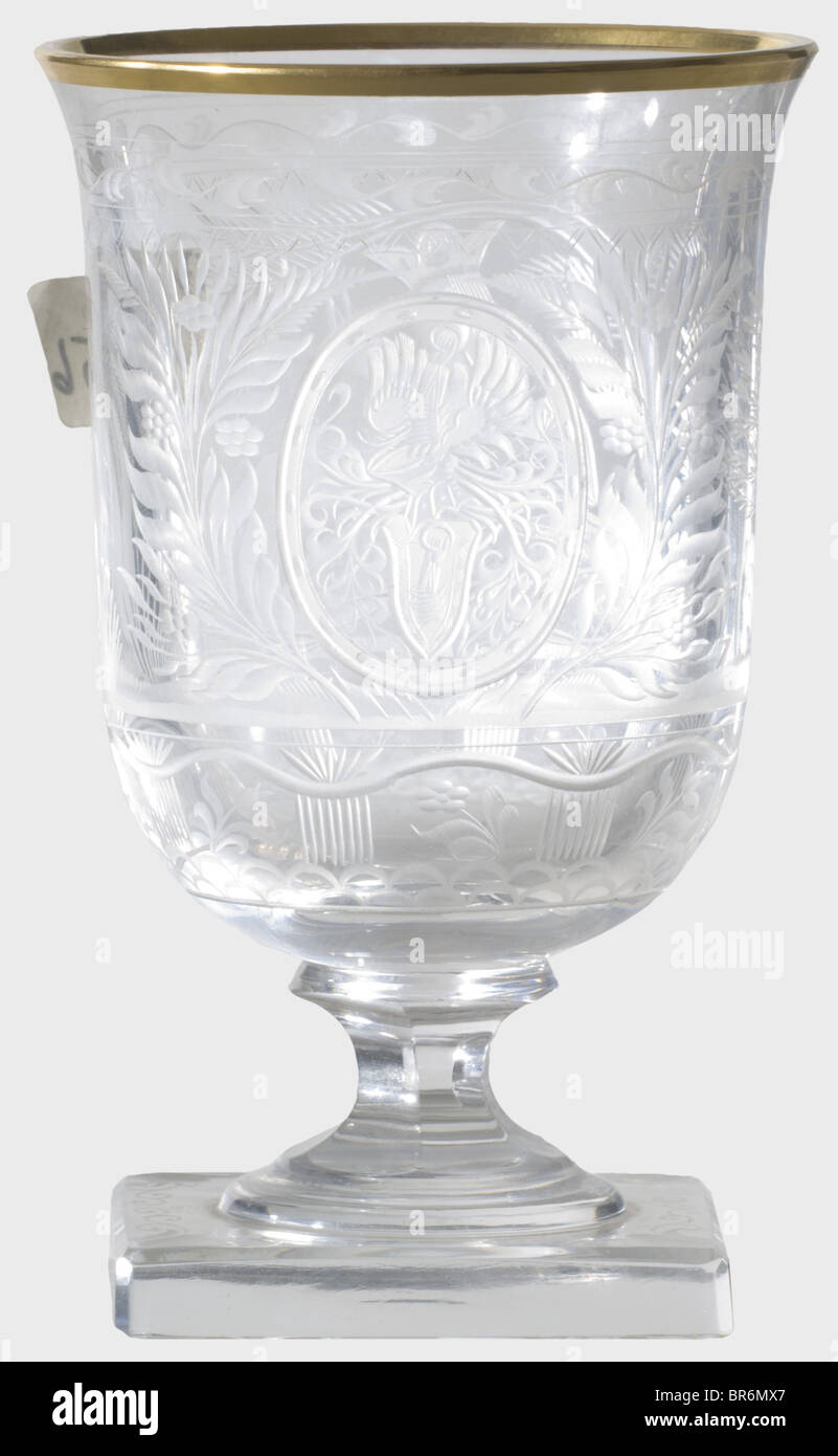 Hermann Göring - a goblet, from a hunter's table service. Description of design and decor as for the previous lot. Height 13 cm. Provenance: Voluntary auction of the former possessions of Hermann Göring, Neumeister, formerly Weinmüller, 157th auction, 25 October 1974, lot 3056 with original label. Presumably a gift for Göring's 50th birthday on 12 January 1943. historic, historical, 1930s, 20th century, NS, National Socialism, Nazism, Third Reich, German Reich, Germany, German, National Socialist, Nazi, Nazi period, fascism, vessel, vessels, object, objects, st, Stock Photo