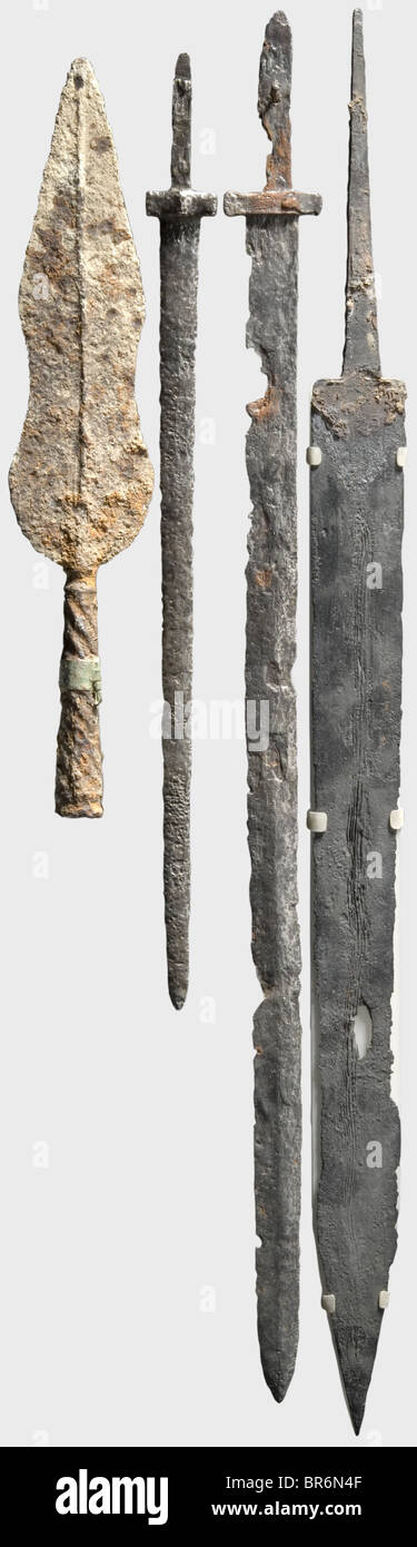 A Roman sword of the Lauriacum/Hrom¢wka type, 2nd/3rd century A.D. Double-edged swo historic, historical, ancient world, thrusting, thrustings, hand weapon, hand weapons, melee weapon, melee weapons, handheld, blade, blades, weapon, arms, weapons, arms, object, objects, stills, clipping, clippings, cut out, cut-out, cut-outs, Stock Photo
