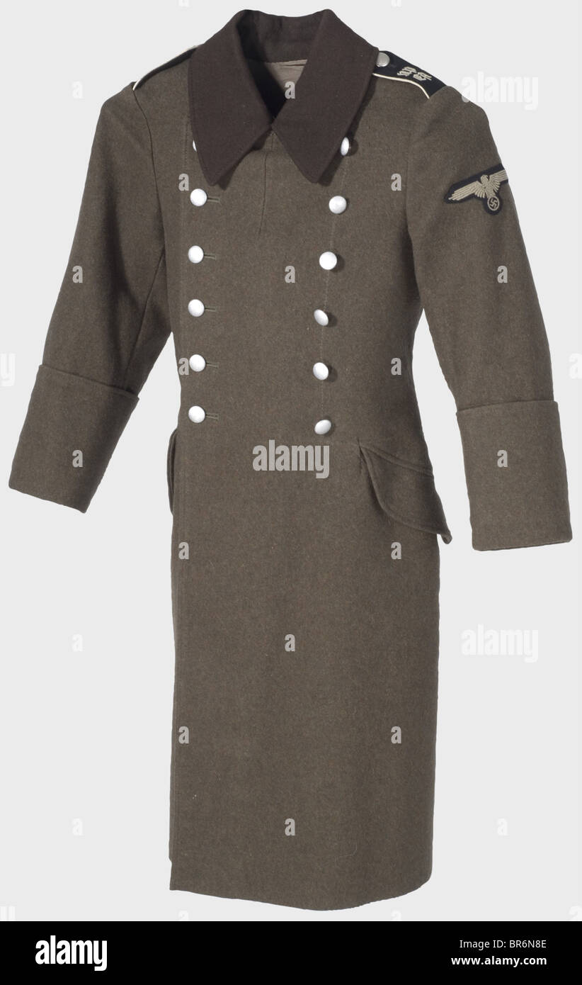 A coat for the students of the NPEA., Private purchase item of brown woollen material with dark-brown collar and silver buttons. Sewn-on black shoulder boards with white piping and machine-embroidered 'NPEA' and sleeve eagle. Brown-grey artificial silk lining with tailor's label 'Tolke & Zimmer - Berlin-Charlottenburg - Windscheidstr. 18'. historic, historical, 1930s, 1930s, 20th century, State, state-controled, state-run, organisations, organizations, organization, organisation, object, objects, stills, clipping, clippings, cut out, cut-out, cut-outs, utensil,, Stock Photo