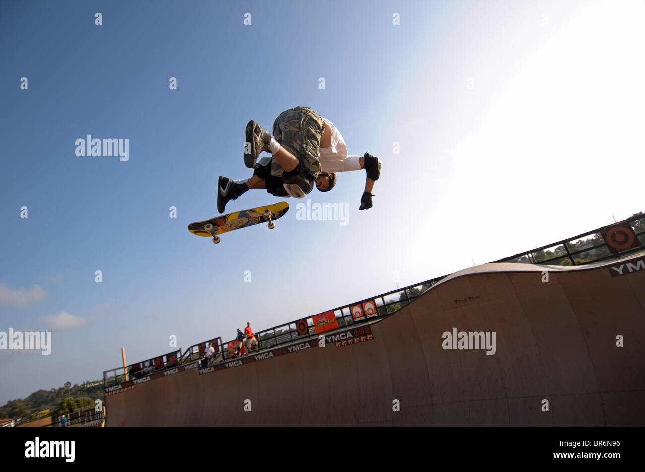 Pro skater Bob Burnquist practicing a trick on his skateboard shortly