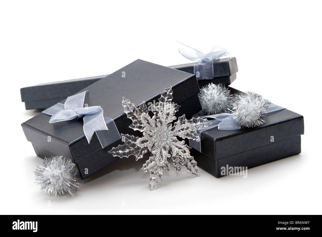Elegant black and silver presents for Christmas giving Stock Photo