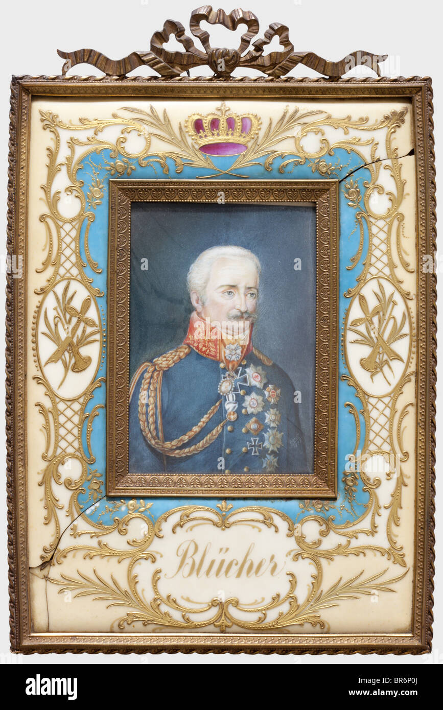 Gebhard Leberecht Fürst Blücher von Wahlstatt (1742 - 1819) - a miniature portrait, of the field marshal in great uniform with decorations. Gouache on ivory, signed on the lower right 'Girault 1838', dimensions 85 x 125 mm. Porcelain frame with bronze border and gold rocailles, broken in two places, frame size 19 x 29 cm, slightly domed glass. Amanda Girault de Saint Fargeau was a Paris-based miniature painter (cf. Thieme-Becker, vol. XIV, p. 178). people, 19th century, 18th century, Prussian, Prussia, German, Germany, militaria, military, object, objects, stil, Stock Photo