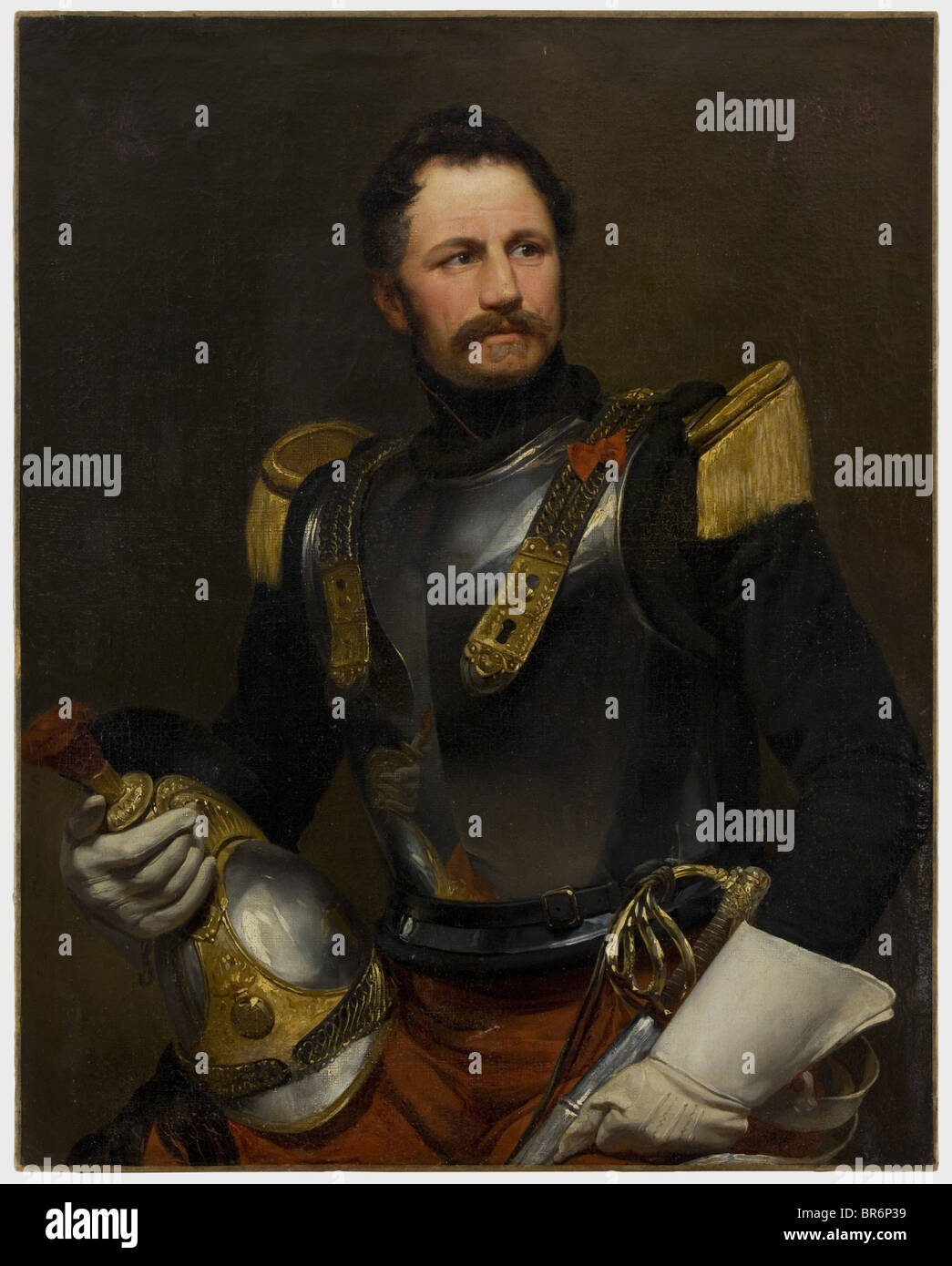 A portrait of a cuirassier officer, ca. 1900 - 1910. Oil on canvas. Officer in a cuirassier uniform with helmet, sabre and decoration of the Legion of Honour. Mounted on a wood construction, unframed. Dimensions 93 x 74 cm. fine arts, people, 1910s, 20th century, object, objects, stills, clipping, clippings, cut out, cut-out, cut-outs, painting, paintings, fine arts, art, illustrations, man, men, male, Artist's Copyright has not to be cleared Stock Photo