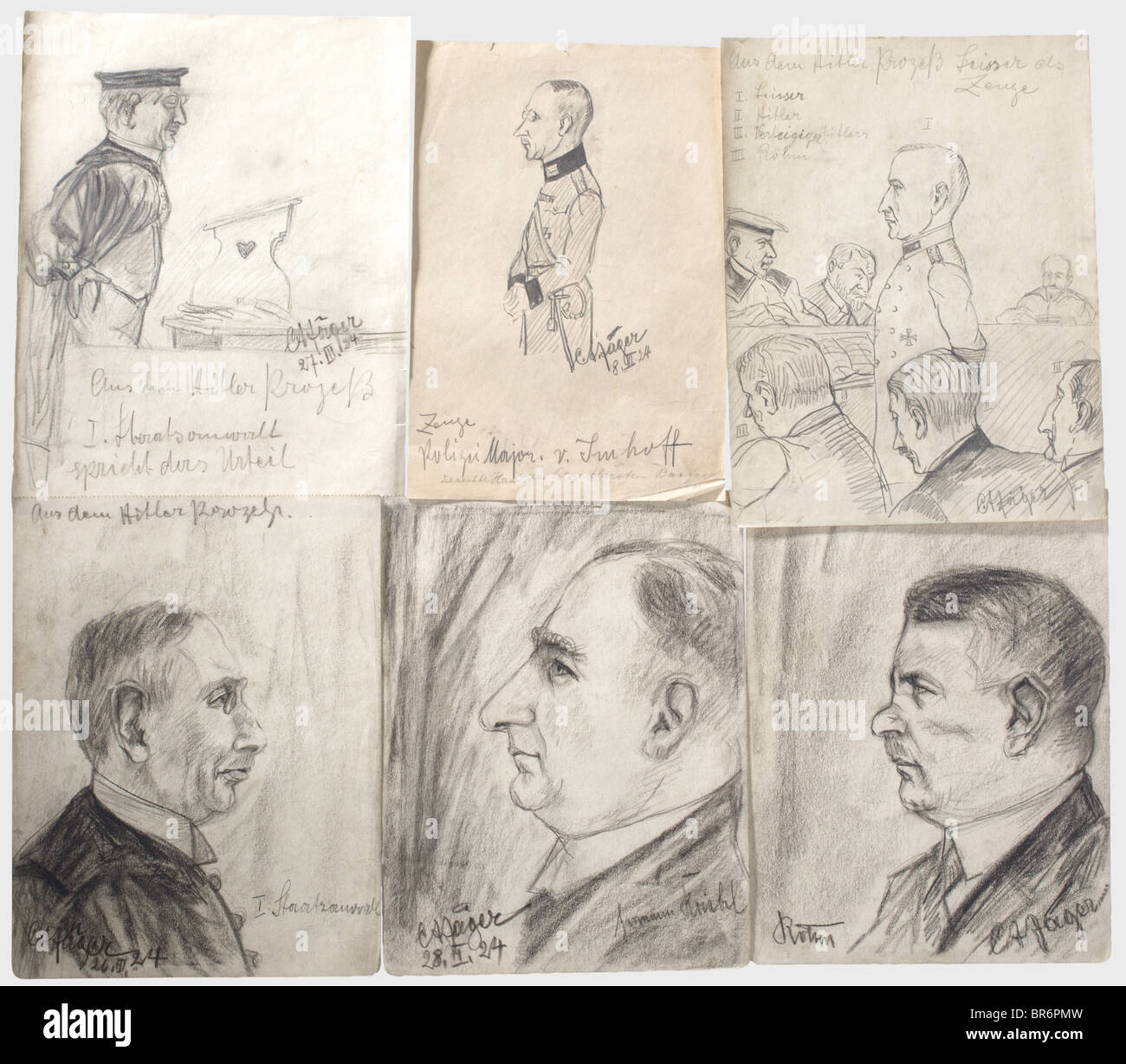 Hitler trial 1924 - sketches from the court room., 19 drawings by the trial observer Carl August Jäger made at the court hearings against Hitler and his companions of the Beer Hall Putsch on 9th November 1923. Some portraits with signatures of the depicted persons, among them Ernst Röhm and Hermann Kriebl. As no photographs were taken during the proceedings, this is the only authentic picture material of the Hitler trial, which was held at the People's Court Munich I. Jäger sold the drawings, some of which entered the Munich Monacensia Library. Carl August Jäge, Stock Photo
