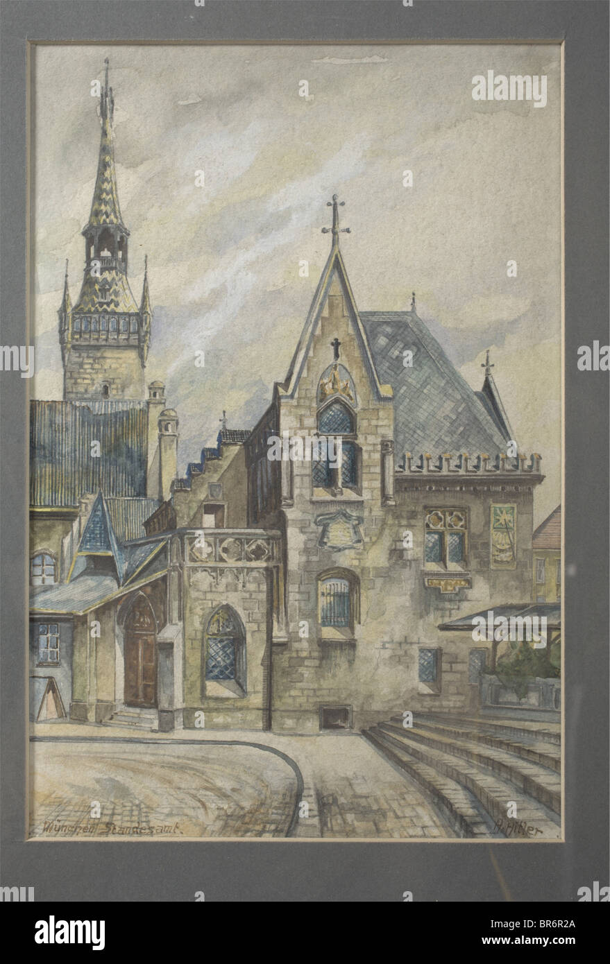 Adolf Hitler - a watercolour 'Munich register office'., Very well executed painting on structured watercolour paper. Meticulously captured architecture, the Munich register office on the Petersbergl with the tower of the Old City Hall in the background. Titled on the lower left 'München Standesamt', signed on the lower right 'A. Hitler'. Size 27 x 18 cm. Under glass, in mount and old wood frame, the reverse with the label of the original owner, the Munich arms manufacturer Adam Schork, who purchased the watercolour from Hitler in 1914. With a cover letter by Ad, Stock Photo