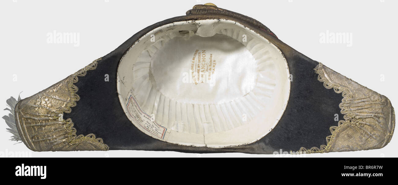 Marshal Mac-Mahon (1808 - 1893) - his personal cocked hat, as Marshal of France after the Battle of Magenta (1859). Black felt with broad golden lace, a white ostrich feather plume, and an agrafe button bearing crossed marshal's batons. Vendor's label 'Chapellerie Civile & Militaire 'Ancienne Maison' Dassier F. Manchon, 12 Rue de Richelieu, Paris.' An André Thélot Collection label in the sweatband referring to the former Bergeron Collection. Patrice de Mac-Mahon, Duke de Magenta of France and President of the Third Republic (1873 - 1877). Significant piece of h, Stock Photo