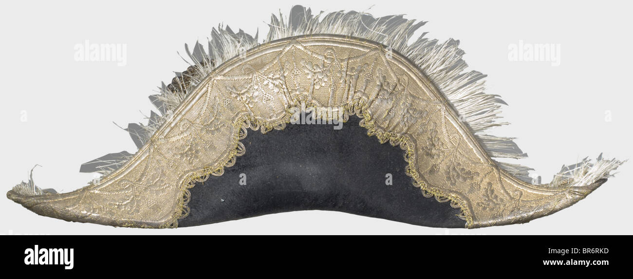 Marshal Mac-Mahon (1808 - 1893) - his personal cocked hat, as Marshal of France after the Battle of Magenta (1859). Black felt with broad golden lace, a white ostrich feather plume, and an agrafe button bearing crossed marshal's batons. Vendor's label 'Chapellerie Civile & Militaire 'Ancienne Maison' Dassier F. Manchon, 12 Rue de Richelieu, Paris.' An André Thélot Collection label in the sweatband referring to the former Bergeron Collection. Patrice de Mac-Mahon, Duke de Magenta of France and President of the Third Republic (1873 - 1877). Significant piece of h, Stock Photo
