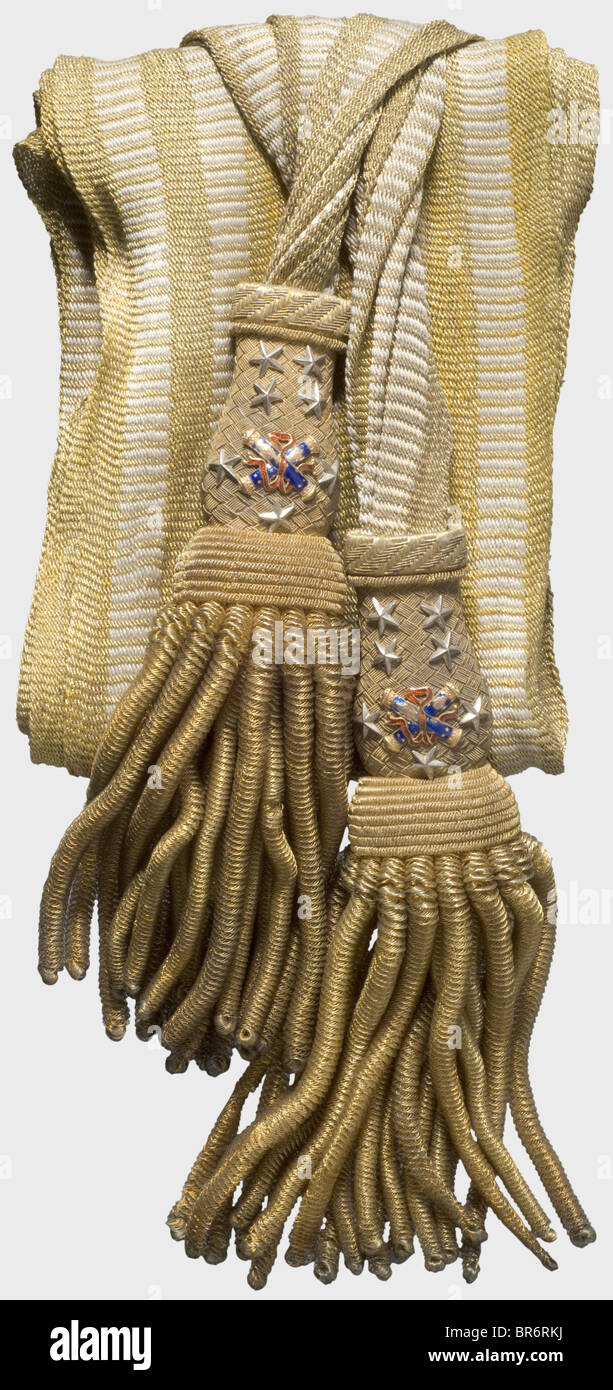 Marshal Mac-Mahon (1808 - 1893) - his personal sash, for the 'grande tenue' as Marshal of France after the Battle of Magenta (1859). A white sash interwoven with gold. The golden tassels are set with seven silver rank stars and crossed marshal's batons in gold with coloured enamel (enamel damaged). Width 13 cm. Length 300 cm. Provenance: André Thélot Collection and the Bergeron Collection. Patrice de Mac-Mahon, Duke de Magenta of France and President of the Third Republic (1873 - 1877). Extraordinarily rare and significant piece of historical, militaria. histor, Stock Photo