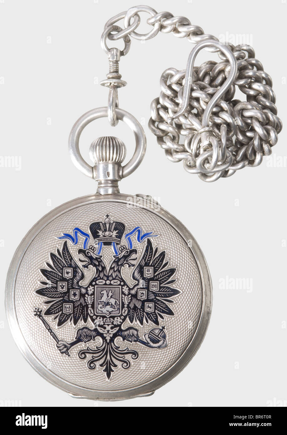 A silver savonette pocket watch with Imperial Russian double-headed eagle, Pavel Bure, Court Watch Maker to the Imperial House. The lid bears the Tsarist double-headed eagle partially enamelled in blue and black. White enamel dial with gold hands, black Roman and Arabic numerals, as well as small second. Working, jewelled precision movement. Engraved on the back with serial number '332884', and mark of fineness '84'. Silver watch chain. In red leather case with a gilt eagle on the lid. The makers mark is stamped in silver on the silk lining. historic, historica, Stock Photo