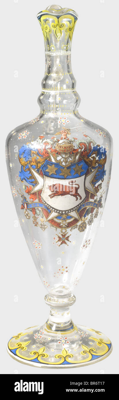 Order of Malta - A glass carafe of an Italian professed knight, circa 1870/80, probably the Borgia family. Mouth-blown glass, very fine enamel colour painting, probably of Venetian origin. The front with a family coat of arms (three stars or and a bull gules) on a Maltese Cross and in the sash of the Grand Cross of the Order of Saint Gregory. Attached are the crosses of the Order of the Italian Crown, the Papal Order of Christ, the Knight's Order of Saints Maurice and Lazarus, the Mexican Order of Our Lady of Guadalupe, the French Order of the Legion of Honour , Stock Photo