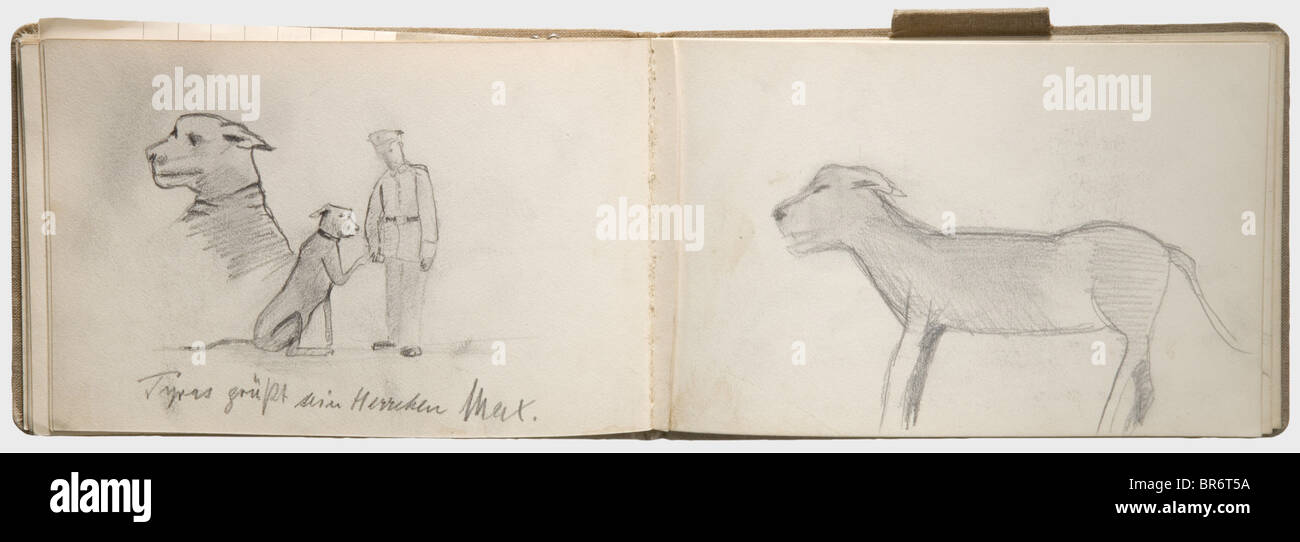 First Lieutenant Max Immelmann (1890 - 1916) - his personal sketchbook beginning in 1915, Small landscape format book with 32 sheets of drawing paper, the first page signed in purple indelible pencil 'M. Immelmann Lieutenant 1915'. About 30 sketches by Immelmann, predominantly in pencil, among them drawings of biplanes and monoplanes, an English aircraft shot down in air combat, Pour le mérite, Military Order of Saint Henry and medal clasp, several drawings of his mother, village scenery (partially painted in watercolours), tactical drawings, 'Tyras welcomes hi, Stock Photo