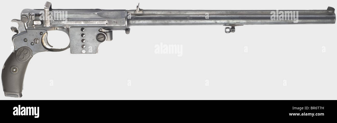 A Bergmann mod. 1897 pistol carbine, (Bergmann Nr. 5), 7.8 mm Bergmann cal., no. 74. Externally matching numbers. Bore somewhat rough, but good rifling, length 35 cm. Interchangeable barrel. Proof mark: double