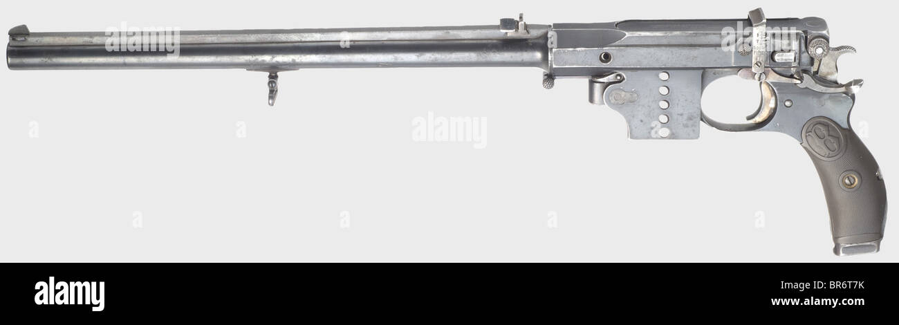 A Bergmann mod. 1897 pistol carbine, (Bergmann Nr. 5), 7.8 mm Bergmann cal., no. 74. Externally matching numbers. Bore somewhat rough, but good rifling, length 35 cm. Interchangeable barrel. Proof mark: double crown/'U'. 5-shot. Adjustable sight, scaled 1 - 1000. Fixed and folding rear sight. On the bolt housing marked 'KARABINER BERGMANN / PATENT BREVETE S.G.D.G.'. Original bluing with wear marks, partially spotted. Few fine pits on barrel where bluing is probably touched up. Small parts yellow and blue, spotty. Black hard rubber grip panels with logo, blemish, Stock Photo