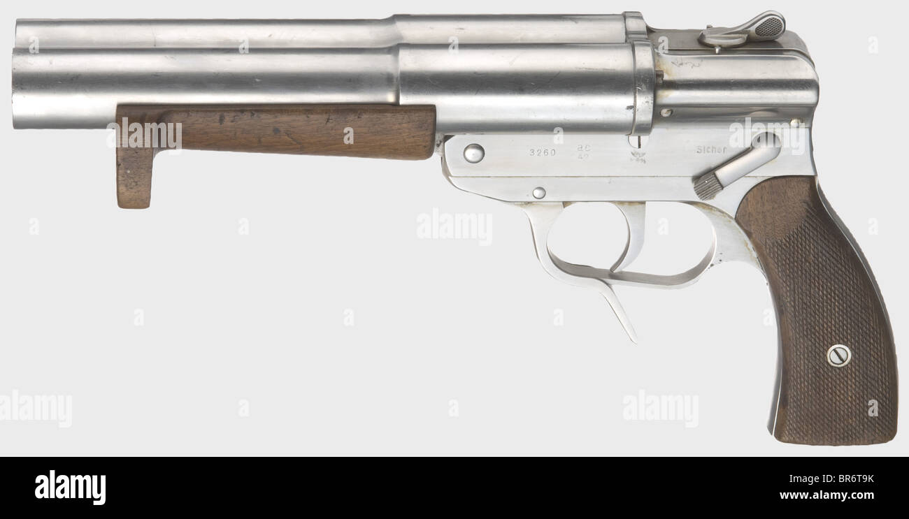 A signal flare pistol Walther mod. SLd, Navy, calibre 4 (26.65 mm), no. 3260. Matching numbers. Bright bores, length 230 mm. Total length 345 mm. Coded on left of frame '3260 ac/42', beside it navy acceptance eagle/'HK/M/III/3'. Selector marked 'l' and 'r' for single shot with left or right barrel and 'Doppelschuss' for simultaneous firing of both barrels. All parts made of matt polished Nirosta high-grade steel. Both barrels with light wear and storage marks. Walnut forearm and grip panels with light wear marks. Almost as new condition and very rare. The SLd m, Stock Photo