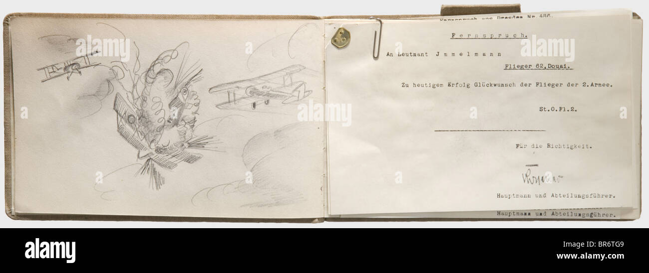 First Lieutenant Max Immelmann (1890 - 1916) - his personal sketchbook beginning in 1915, Small landscape format book with 32 sheets of drawing paper, the first page signed in purple indelible pencil 'M. Immelmann Lieutenant 1915'. About 30 sketches by Immelmann, predominantly in pencil, among them drawings of biplanes and monoplanes, an English aircraft shot down in air combat, Pour le mérite, Military Order of Saint Henry and medal clasp, several drawings of his mother, village scenery (partially painted in watercolours), tactical drawings, 'Tyras welcomes hi, Stock Photo