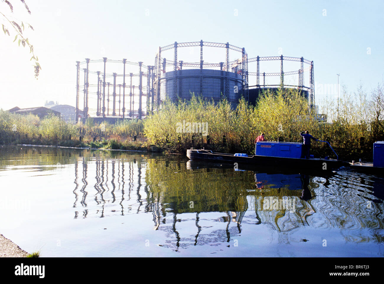 Gas Holders, Victorian, Camley Street, Kings Cross, London, from Natural Park, St.Pancras gasometer gasometers English British Stock Photo