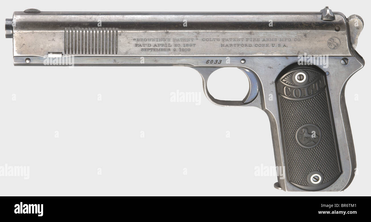 A Colt model 1902 (Sporting) Automatic Pistol, cal..38 ACP, no. 6033. Matt  bore, barrel length 6", may be improved by careful cleaning. 7-shot.  Manufactured in 1903. On both sides of the slide