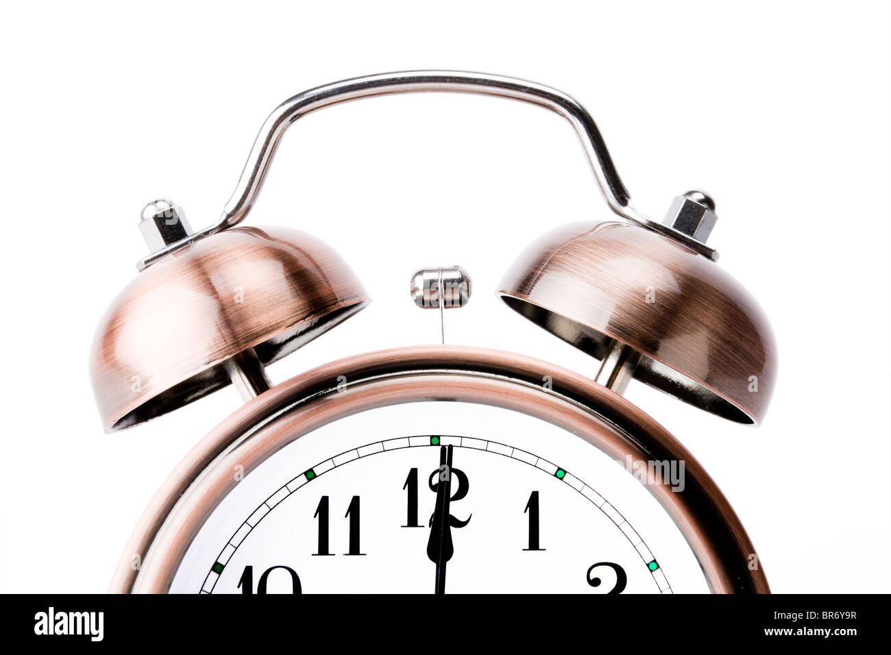 Copper alarm clock with bells on white background Stock Photo Alamy