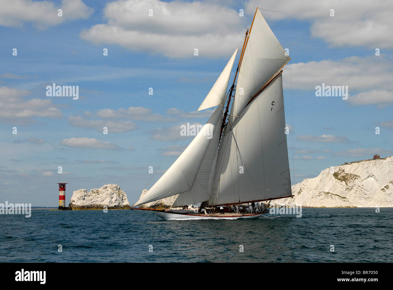 Mariquita sailing past the Needles Lighthouse during Round the Island