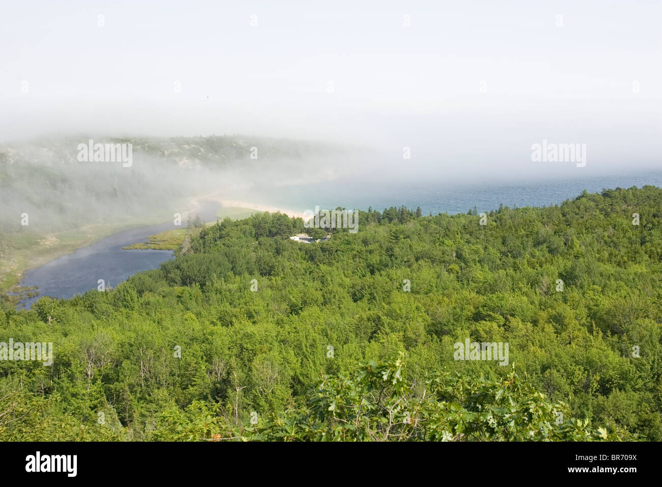An overview of Sand Beach from the Beehive trail at Acadia National Pak in Mount Desert Island Maine. Stock Photo
