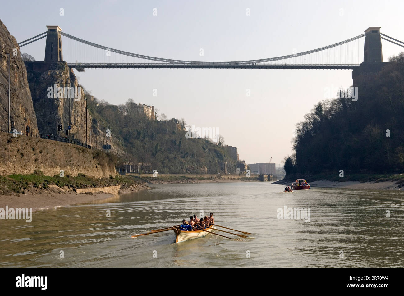 Cornish pilot gig 'Young Bristol' nears the finish line of the 'Bristol Challenge' race at the Clifton Suspension Bridge, on the Stock Photo