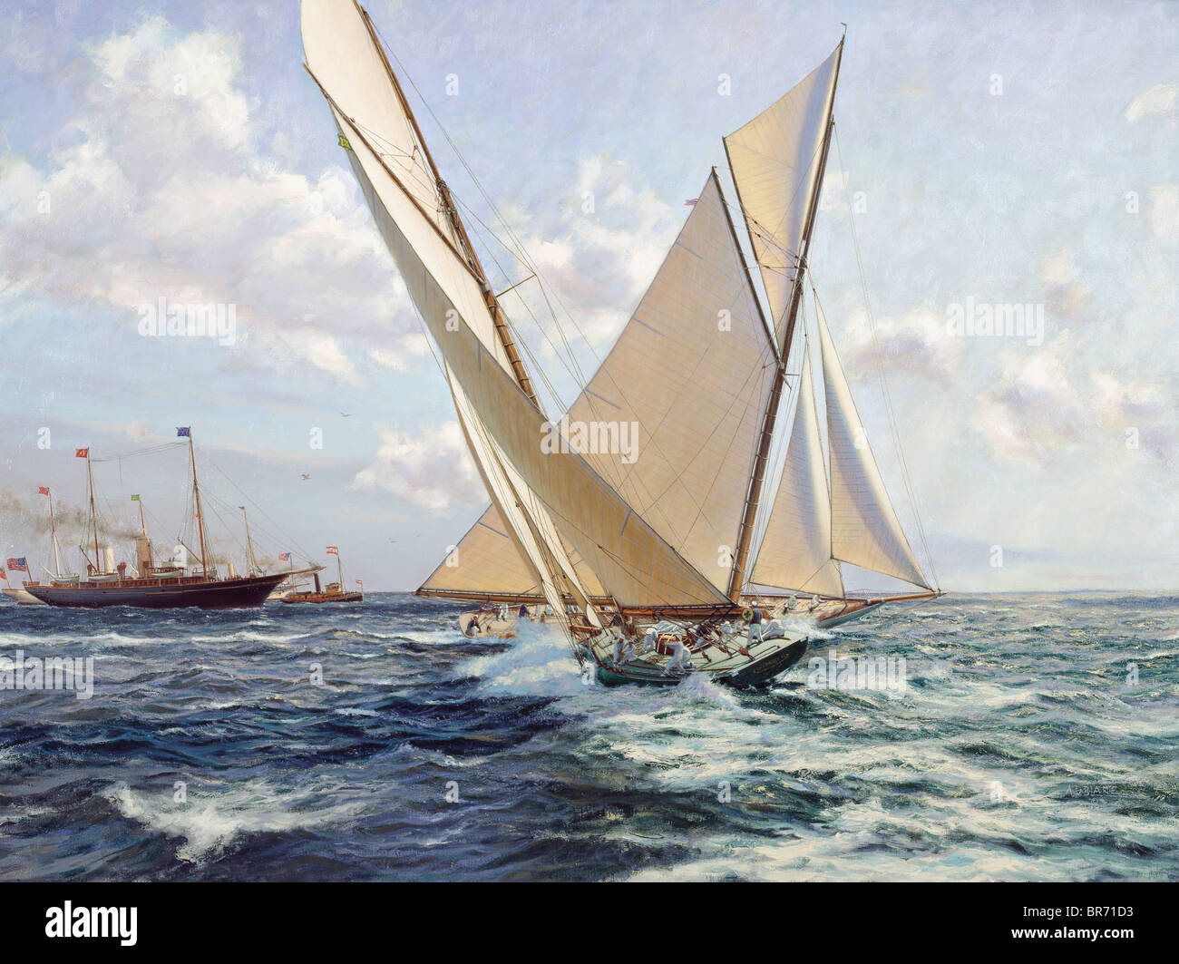Resolute crosses Shamrock IV's bow during the third race for the America's Cup, 1920. Oil on canvas, 30" x 40", 1998. Private Stock Photo