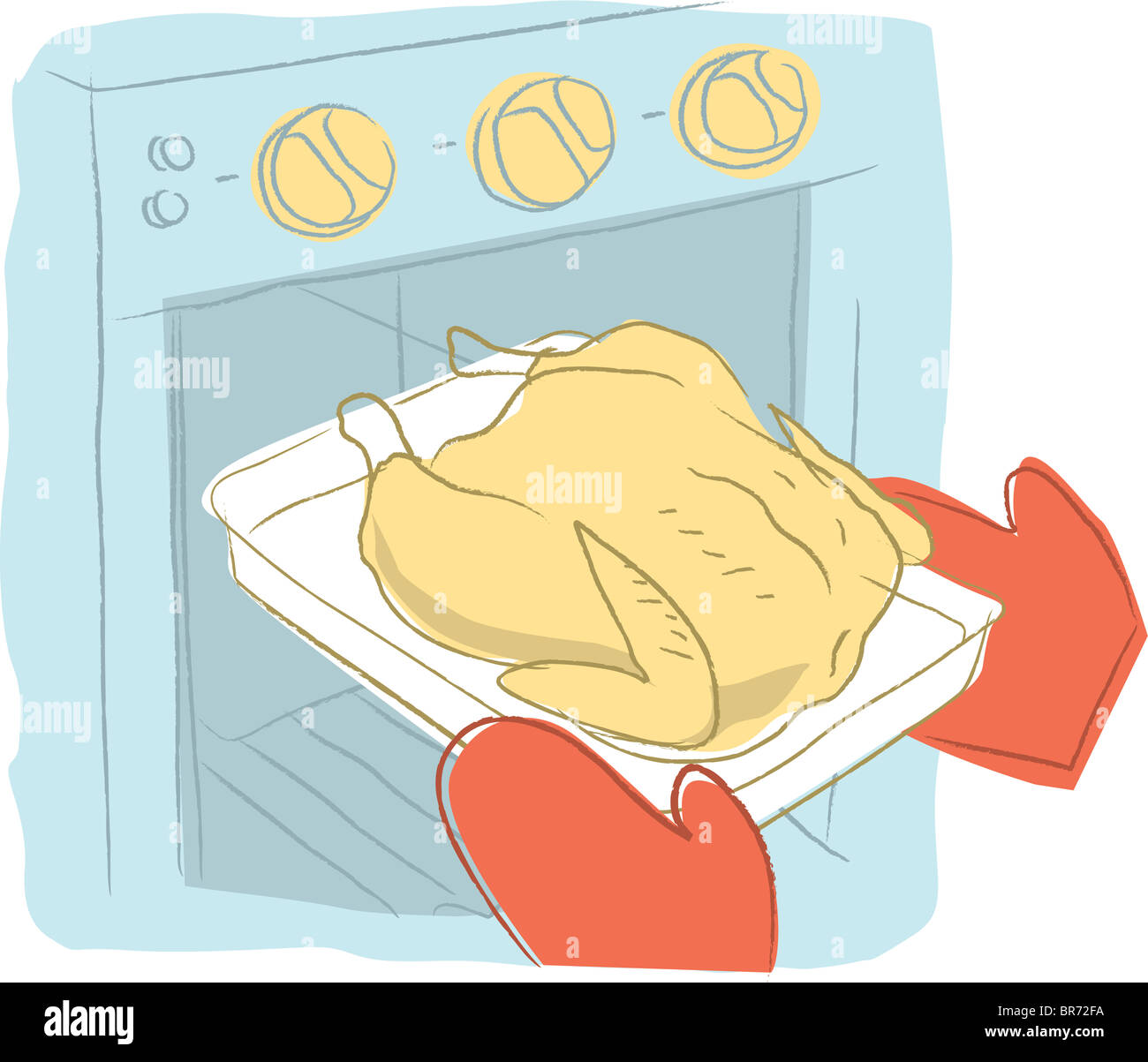 Hands in oven mitts taking a roast chicken out of the oven Stock Photo -  Alamy