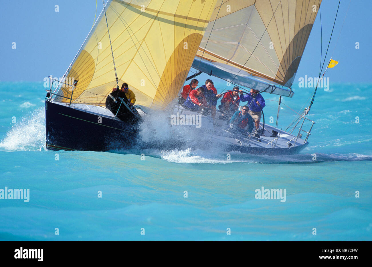 On the layline to the weather mark, the bowman prepares the spinnaker as the crew watch the mark, Key West Race week, Florida, U Stock Photo