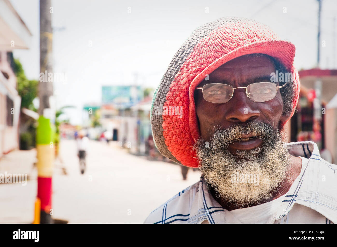 Senior Garifuna Rastaman on the Livingston streets, Izabal, Guatemala, Central America. Stock Photo